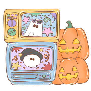 Little ghost is on yellow and blue television There's a pumpkin next door