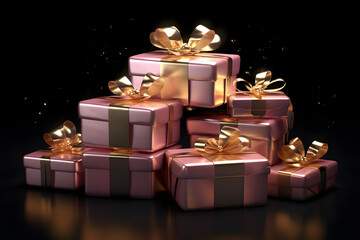 Glowing gift boxes with bow isolated on black background