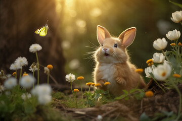 Easter bunny captivated by the dance of butterfly in the blossoming meadow.