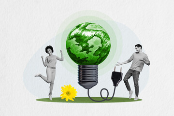 Poster collage of smiling responsible two people huge lamp bulb earth planet electricity economy...