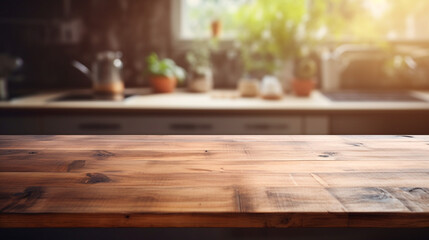 Naklejka na ściany i meble Wood table top on blurred kitchen background created with Generative Ai