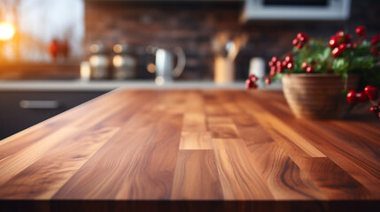 Wood table top on blurred kitchen background created with Generative Ai