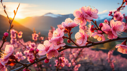 Cherry Blossoms at Branches at Sunset with Mountain Backdrop