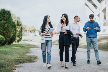 Young students collaborate in the park to achieve better results in their education.