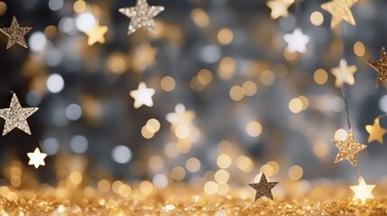 Shiny golden stars in a Christmas and New Year atmosphere on a bokeh background