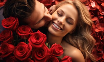 sweet romance couple with red rose frame for Valentine background