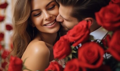 sweet romance couple with red rose frame for Valentine background