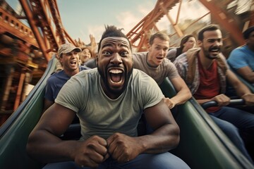 Obraz na płótnie Canvas Group of diverse friends screaming with excitement on a roller coaster ride at an amusement park, capturing the thrill and adrenaline