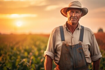 Portrait of a seasoned farmer with a weathered expression, standing in the field at sunset, with warm golden light illuminating his face