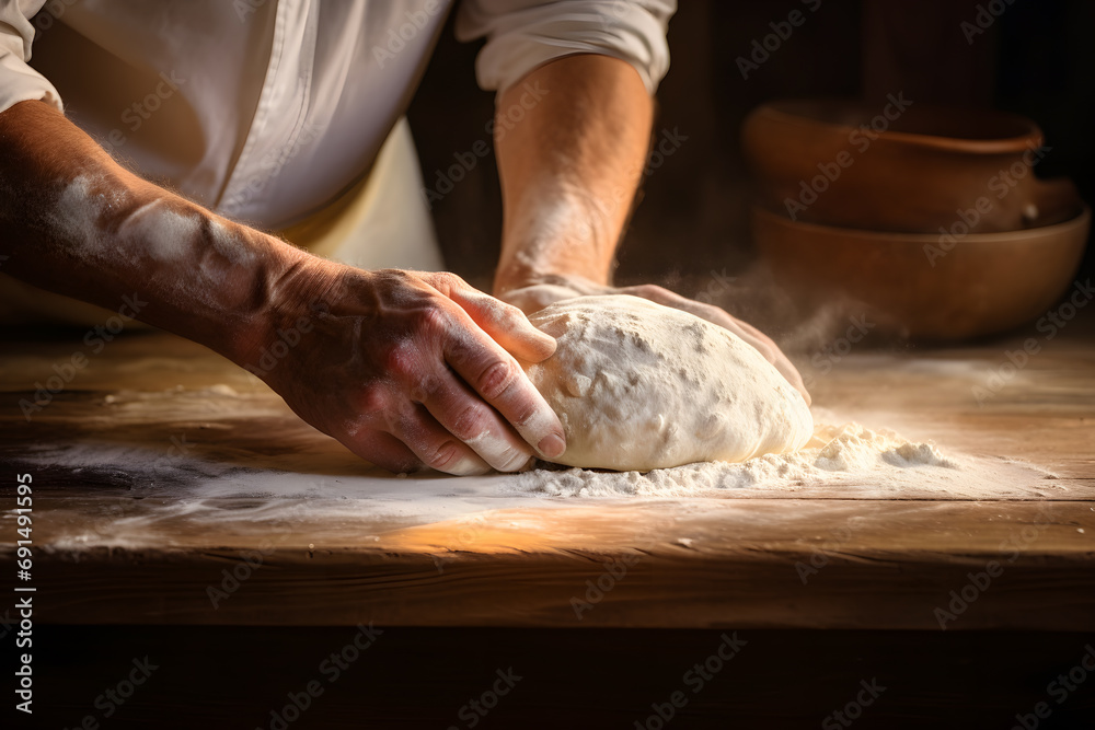 Wall mural man's hands rolling the dough. bread baking concept photo