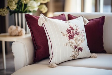 Fabric sofa with white and burgundy pillows.