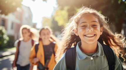 Happy mixed race girl with friends walk from school together. Girl smily and happy