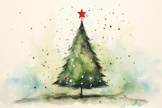 An artistic watercolor painting of a Christmas tree, adorned with a bright red star topper, amidst a flurry of delicate snowflakes