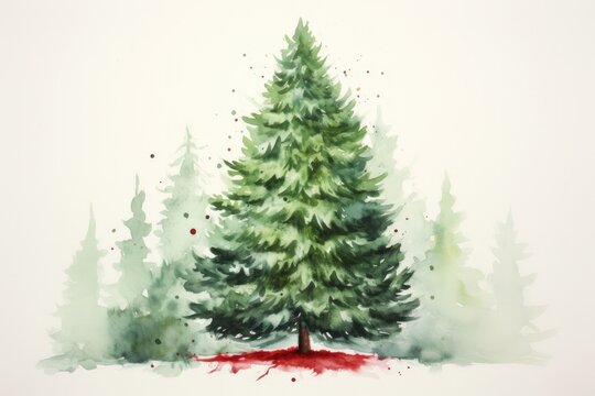 An artistic watercolor painting of a Christmas tree, adorned with a bright red star topper, amidst a flurry of delicate snowflakes