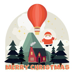 Santa Claus in the forest against the backdrop of mountains and a winter chalet. Hot air balloon in the mountains with fir trees. Christmas landscape. New Year, Christmas card, print on a T-shirt or d