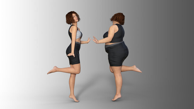 Conceptual fat overweight obese female vs slim fit healthy body after weight loss or diet with muscles thin young woman isolated. A 3D illustration metaphor for fitness, nutrition or fatness obesity