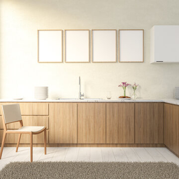 Kitchen interior design, set of 4 frame mockups standing on the wall, for wall art.3d rendering