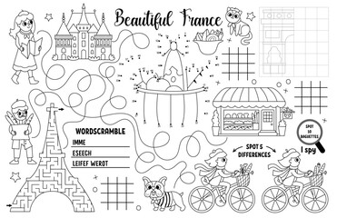 Vector France placemat for kids. French printable activity mat with maze, tic tac toe chart, connect the dots, find difference. Black and white play mat, coloring page with Eiffel Tower, croissant - obrazy, fototapety, plakaty