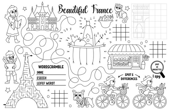 Vector France placemat for kids. French printable activity mat with maze, tic tac toe chart, connect the dots, find difference. Black and white play mat, coloring page with Eiffel Tower, croissant