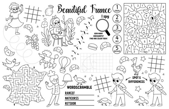 Vector France placemat for kids. French printable activity mat with maze, tic tac toe chart, connect the dots, find difference. Black and white play mat, coloring page with Eiffel Tower, croissant