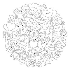 Vector Saint Valentine round line coloring page for kids with cute kawaii characters. Black and white love holiday illustration with funny cupid, unicorn, cats, hearts, flowers framed in circle.