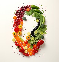 A fresh and colorful assortment of vegetables and fruits on a plain background - ideal for healthy eating and nutrition.