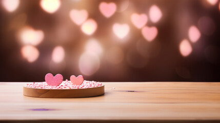 Empty wooden table top for displaying products against a pink heart bokeh background