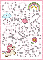 Saint Valentine maze for kids. Love holiday preschool printable activity with kawaii unicorn, rainbow, cloud, flower, bird, hearts. Labyrinth game or puzzle with cute fairytale characters.