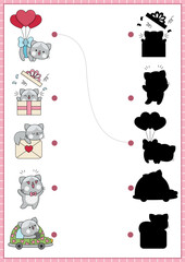 Saint Valentine shadow matching activity with cats. Love holiday shape recognition puzzle with kawaii animals. Find correct silhouette printable worksheet. Cute page for kids with kitties