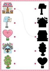 Saint Valentine shadow matching activity. Love holiday shape recognition puzzle with kawaii symbols. Find correct silhouette printable worksheet. Cute page for kids with house, tree, hot air balloon.