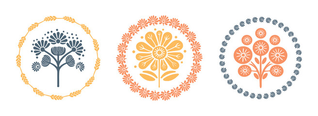Prairie vector flower wreath isolated clipart set for rural folkart floral. Scandi retro plant sprig in decorative foliate folksy style collection.
