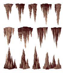 Stalactite stalagmite. Icicle shaped hanging and upward growing mineral formations in cave. Nature brown limestones, material stone icon. Natural growth geology formations - obrazy, fototapety, plakaty