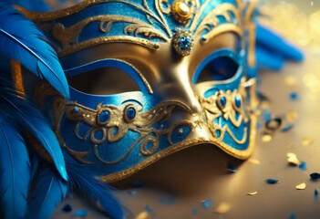 Mistero Dorato- Dettaglio di Maschera di Carnevale con Piume Blu in Sfondo Astratto - obrazy, fototapety, plakaty