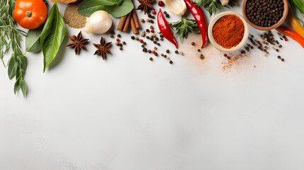 
Food background with spices, herbs and utensil on white background