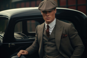 A handsome gentleman dressed in a 20s fashion style suit and flat cap stands in front of the black vintage car. Portrait of the retro business man, medium shot. - 691495302