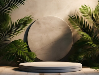 Obraz premium Minimalistic abstract background with concrete texture for the presentation of a cosmetic product. Premium podium with a touch of tropical palm leaves on a beige natural stone wall. Realistic 32k 3D 