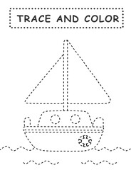 Trace and color for children. Handwriting practice. Coloring page for kids. Preschool worksheet with cute yacht illustration.	