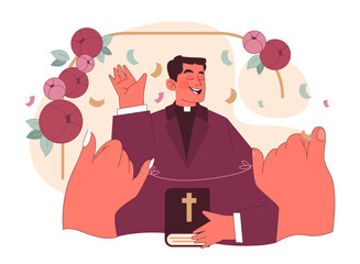 Vows concept. A priest joyfully recites wedding vows, holding a holy book, as hands reach out in celebration amidst floral decor. Moments of unity. Flat vector illustration.