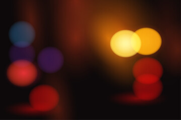 Abstract black background with bokeh, glittering yellow, red, blue, purple, beautiful night.