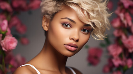 Beautiful emotional black woman with natural make-up and blonde hairstyle. AI generated