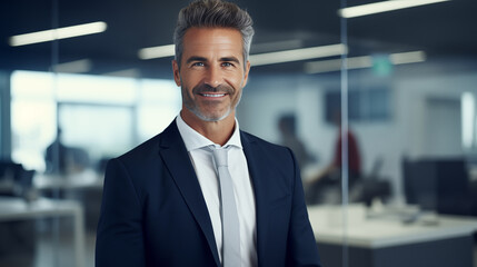 Successful CEO standing in an office. Portrait of a cheerful confident businessman. AI generated.