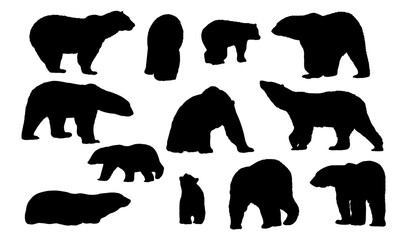 Collection of polar bears silhouettes. Adult polar bears and cubs stand, walk, lie down and hunt. Wild animals of the Arctic. Realistic vector animal