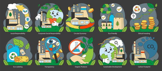 Ethical consumption set. Highlights responsible business practices and environmental care. Reflects sustainable living and green economy principles. Flat vector illustration.