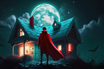Our hero stands in front of a home with all the lights on both inside and out. - obrazy, fototapety, plakaty