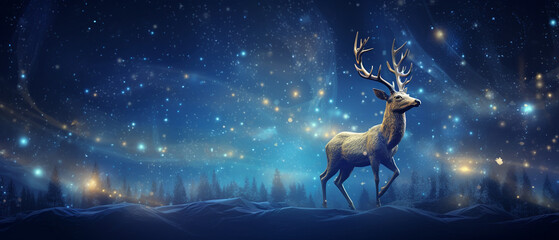 golden reindeer made of stars and pixie dust in blue christmas night - obrazy, fototapety, plakaty