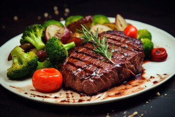 Grilled beef steak with vegetables on a white plate