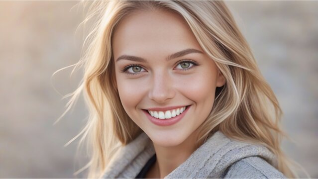 Closeup Portrait of a beautiful young German model woman smiling with white teeth