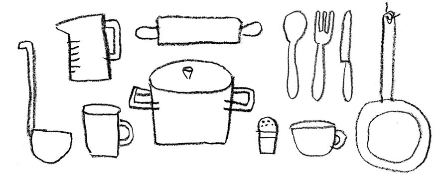 Set of kitchen items drawn with wax crayons. 
A collection of children's images in doodle style.