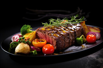 Grilled beef steak with vegetables on a dark background