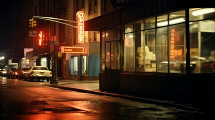 Night restaurant. New York life in the 1960s. Photorealistic illustration. Streets of New York.  - obrazy, fototapety, plakaty